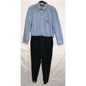 80s PG Collections Denim Stirrup Embellished Jumpsuit Batwing One Piece Sz MD/LG